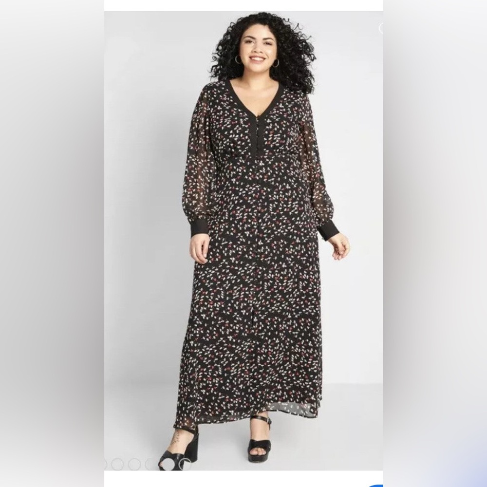 MODCLOTH Windswept Off My Feet Floral Maxi Dress Long Sleeve Black 2X